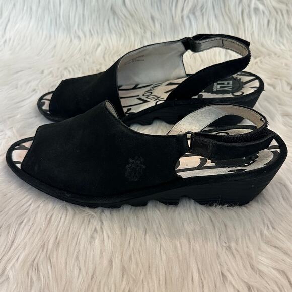 Fly London Palp Leather Wedge Sandals Peep Toe Logo Slingback, Black - Picture 7 of 13